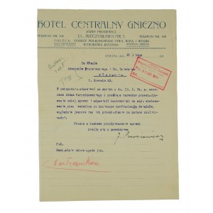 [GNIEZNO] Hotel Centralny Józef Prusiewicz KORESPONDENCJA z dnia 20 lutego 1934r., autograf właściciela