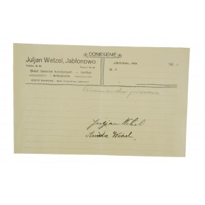 [JABŁONOWO] Julian Wetzel Skład towarów kolonialnych, konfitur i delikatesów, autografy właścicieli [przed 1930r.]