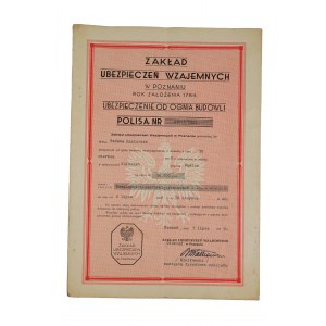 Zakład Ubezpieczeń Wzajemnych w Poznaniu UBEZPIECZENIE OD OGNIA polisa z 7 lipca 1939r.