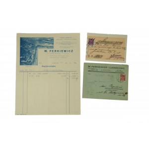 M. Perkiewicz Ludwikowo Fabryka ceramiczna , cegielnia i tartak RACHUNEK, KOPERTA i KWIT ZAPŁATY, maj 1935r.