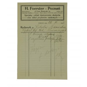 H. FOERSTER Poznań Specjalny zakład dostosowania okularów oraz skład przyborów naukowych, RACHUNEK datowany 28.10.1922r.