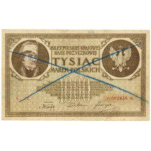 FAŁSZERSTWO Z EPOKI - 1.000 marek polskich 1919 - Ser. ZK. - SKREŚLENIA I ADNOTACJE KREDKĄ