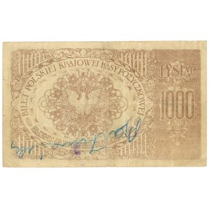 FAŁSZERSTWO Z EPOKI - 1.000 marek polskich 1919 - Ser. ZK. - SKREŚLENIA I ADNOTACJE KREDKĄ