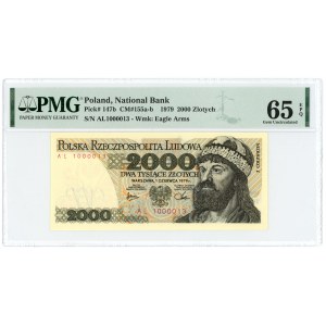 2.000 złotych 1979 - seria AL 1000013 - ciekawa numeracja - PMG 65 EPQ