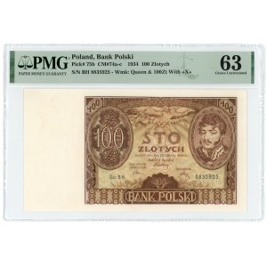 100 złotych 1934 - seria BH. - dodatkowy znak wodny +X+ - PMG 63