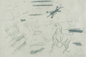 Karol Kossak (1896-1975), Szkice luźne - koń, męskie głowy, leżąca postać mężczyzny w stroju kąpielowym, insekt, napisy, ok.1925