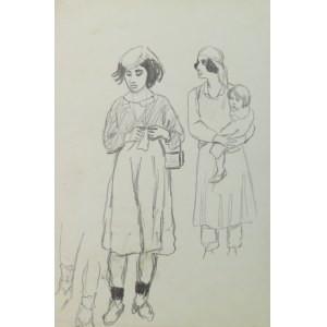 Ludwik Antoni Maciąg (1920-2007), Młoda kobieta, matka z dzieckiem na rękach, studia nóg - szkic typów ludowych i kostiumów - z cyklu „Szkice z Albanii”