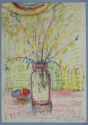 Janina Muszanka-Łakomska (1920-1982), Gałązki z żółtymi kwiatkami w szklanym słoju, 1975