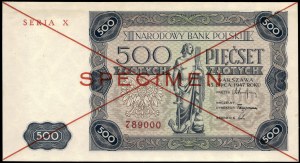 Poland. 1947 500 Zlotych Prefix X SPECIMEN