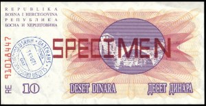 Bosnia. 10 Dinars 1992 Specimen