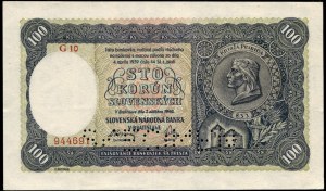 Slovakia. 100 Korun 1940 Specimen