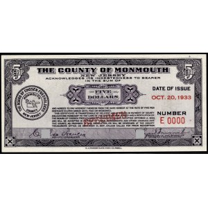 United States of America. New Jersey 5 Dollars 1933 Bond Specimen