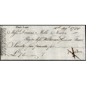 Great Britain. Cheque London 16.8.1780