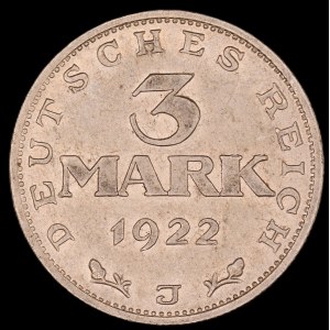 Germany. Weimar Republic 3 Mark 1922 J Hamburg