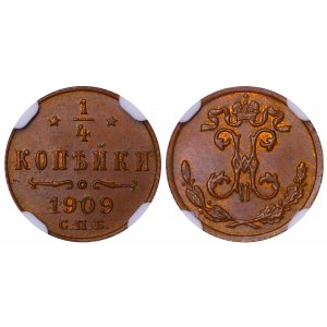 Russian Empire, 1/4 Kopeck, 1909 year, SPB, NGC, MS 65 BN