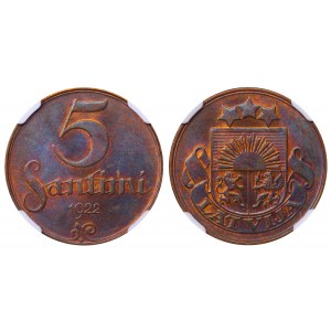 Latvia, 5 Santimi, 1922 year, NGC, MS 63 BN
