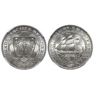 Germany, Weimar Republic, 3 Mark, 1927 year, 100th Anniversary - Bremerhaven, A, NGC, MS 66