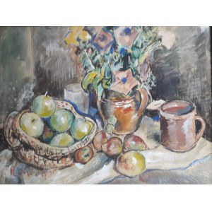 Alfred Lenica, Still life with a bouquet of flowers and fruit