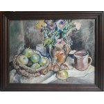 Alfred Lenica, Still life with a bouquet of flowers and fruit