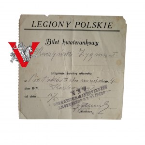 LEGIONY POLSKIE - Bilet Kwaterunkowy Oficerski - rzeźbiarz lwowski Zygmunt Kurczyński [RZADKOŚĆ]