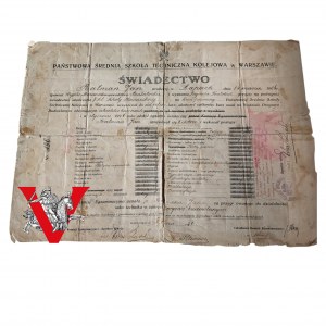 Dyplom Świadectwo Szkoła Kolejowa w Warszawie 1931