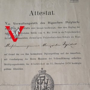 Tsarist Russia , Diploma of Award of Badge to Riga Polytechnic, 1897, Polish Nobleman [RARE].