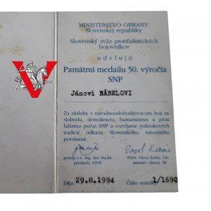 Słowackie Narodowe Powstanie, Legitymacja do medalu 50 lecia, 1994, Powstaniec