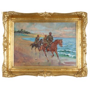Jerzy KOSSAK (1886-1955), Patrol ułanów nad brzegiem morza (1945)
