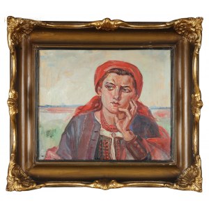 Wincenty WODZINOWSKI (1866-1940), Zamyślona - krakowianka na tle pejzażu