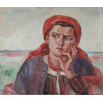 Wincenty WODZINOWSKI (1866-1940), Zamyślona - krakowianka na tle pejzażu