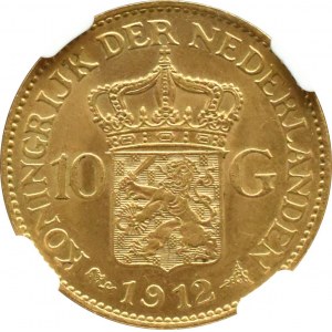 Kingdom of the Netherlands, Wilhelmina, 10 guilders 1912, Utrecht, NGC MS63