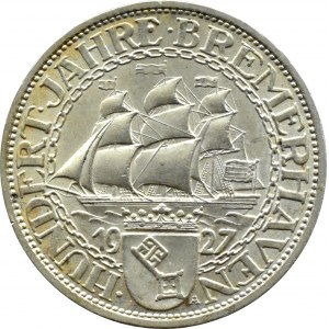 Republika Weimarska, 100 lat portu w Bremie, 3 marki 1927 A, Berlin, UNC