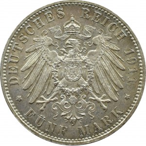 Niemcy, Bawaria, Luitpold 5 marek 1911 D, Monachium, UNC