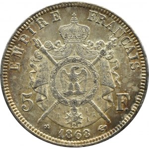Francja, Napoleon III, 5 franków 1868 BB, Strasburg, UNC