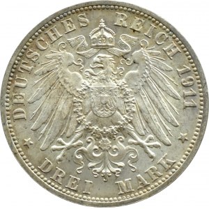 Niemcy, Wirtembergia, Wilhelm i Charlotte, 3 marki 1911 F, Stuttgart, UNC