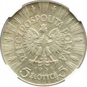II RP, Jozef Pilsudski, 5 zloty 1938, Warsaw, NGC AU58