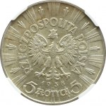 II RP, Jozef Pilsudski, 5 zloty 1938, Warsaw, NGC AU58