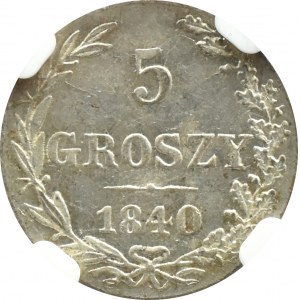 Zabór Rosyjski, Mikołaj I, 5 groszy 1840 MW, Warszawa, NGC MS62