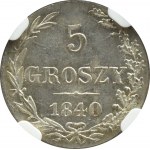 Zabór Rosyjski, Mikołaj I, 5 groszy 1840 MW, Warszawa, NGC MS62