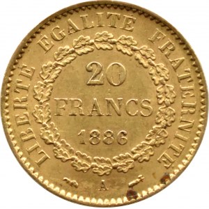 France, Republic, 20 francs 1886 A, Paris, Genius, RARE ANNIVERSARY