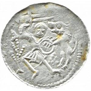 Ladislao II l'Esule (1138-1146), denario - lotta con il leone, principe con lo scudo, Cracovia, BELLISSIMO!