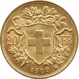 Szwajcaria, Heidi, 20 franków 1908 B, Berno, UNC