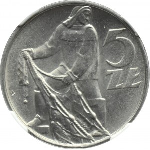 PRL, Rybak, 5 złotych 1974, Warszawa, wypukła data, NGC MS66