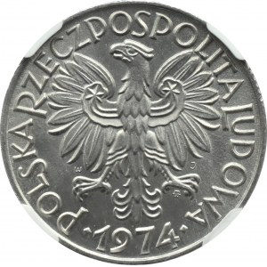 PRL, Rybak, 5 złotych 1974, Warszawa, wypukła data, NGC MS66