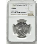 PRL, Rybak, 5 złotych 1974, Warszawa, wypukła data, NGC MS66