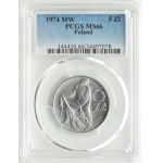 PRL, Rybak, 5 złotych 1974, Warszawa, płaska data, PCGS MS66