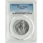 PRL, Rybak, 5 złotych 1974, Warszawa, płaska data, PCGS MS66