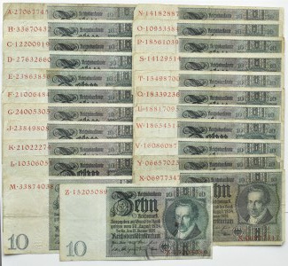 Germany, Weimar Republic, lot 10 marks 1929, Berlin, 23 different series A-Z