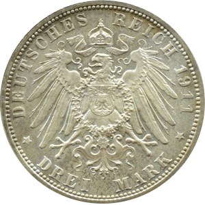 Niemcy, Bawaria, Luitpold 3 marki 1911 D, Monachium, UNC
