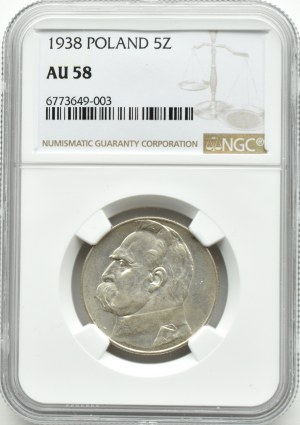 II RP, Jozef Pilsudski, 5 zloty 1938, Warsaw, NGC AU58
